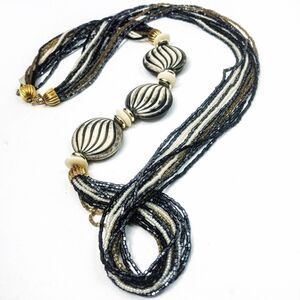 Vintage Multi-Strand Black/Ivory Beaded Opera Necklace